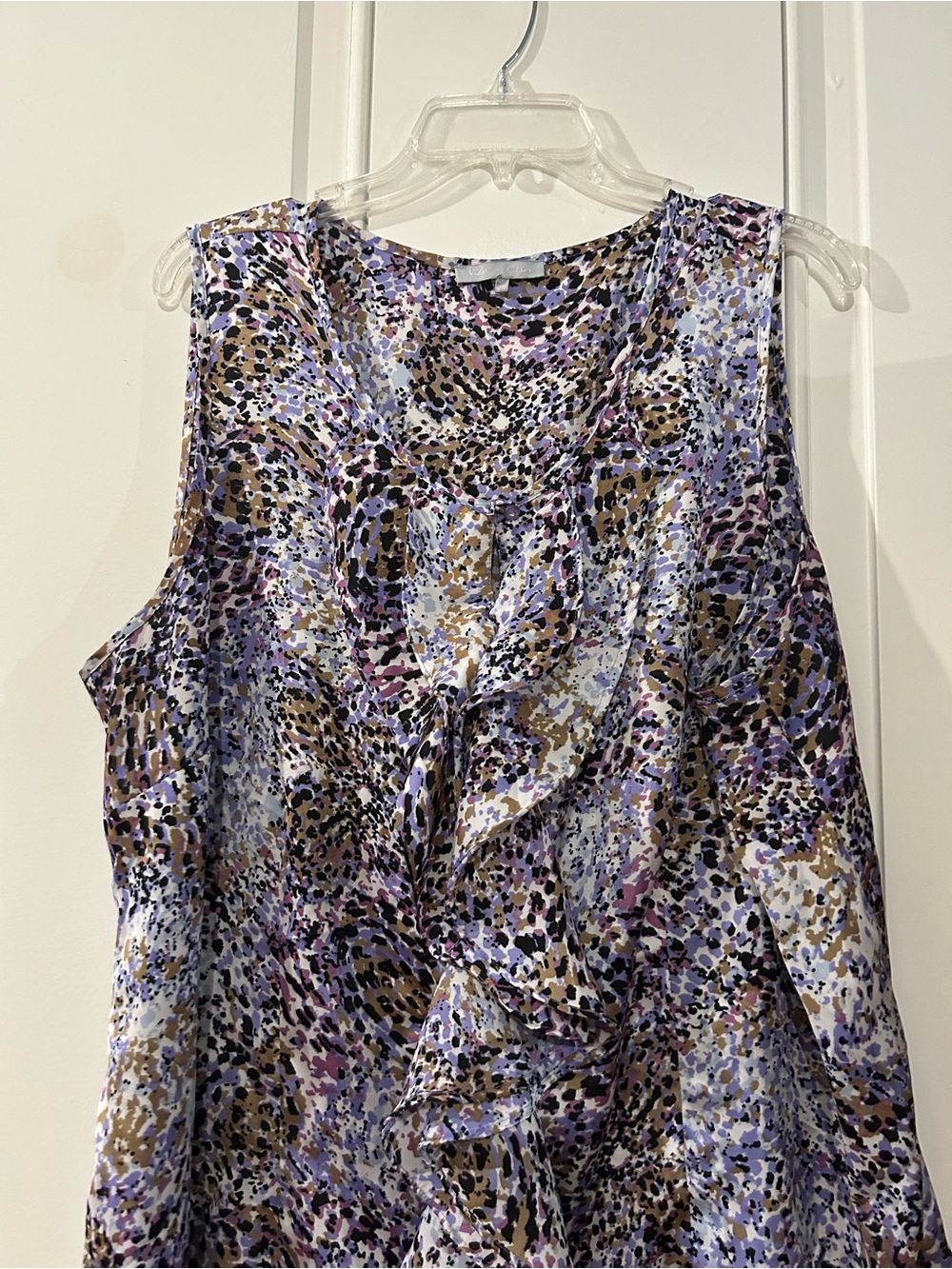 Violet and Claire Sleeveless Ruffle Front Printed Top - Lavender Multi